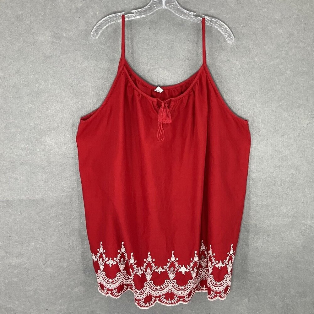 Old Navy Top Women 4x Red White Embroidered Hem Cotton Tassels Sleeveless Blouse